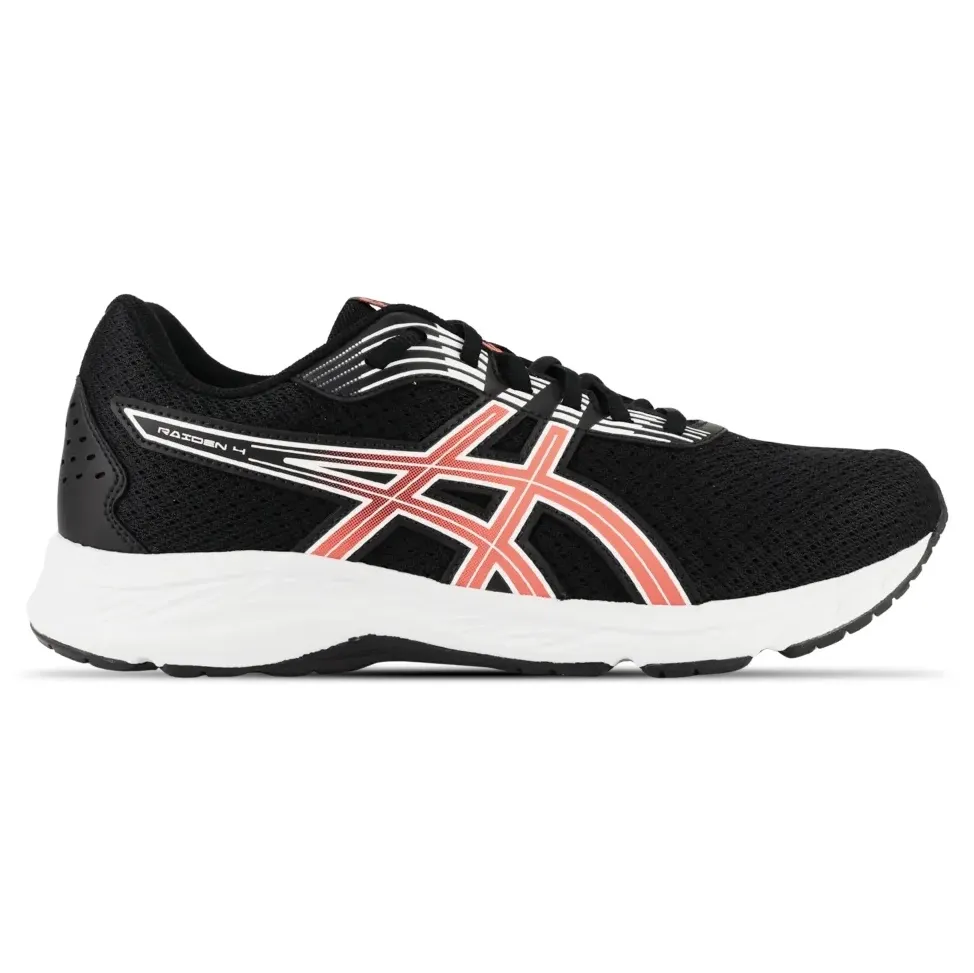 Tênis ASICS Raiden 4 masculino vista lateral direita em mesh preto com detalhes coral e entressola branca